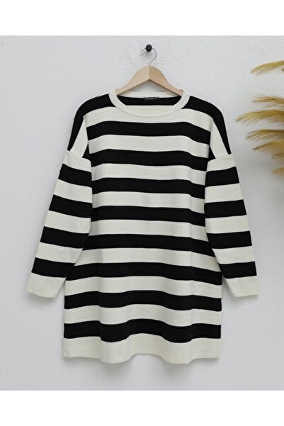 Modamorfo Tunica tricotată cu dungi laterale guler rotund -Negru