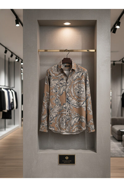 YusGos Long Sleeve Cotton Easy-Iron Shawl Pattern Regular Fit Premium Men's Shirt Brown L