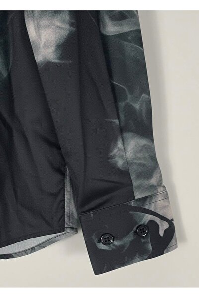 YusGos Long Sleeve Cotton Easy Iron Smoke Pattern Regular Fit Premium Men's Shirt Black L