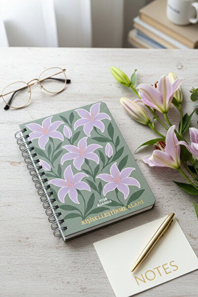 Chi-Chi Papers İSİM YAZILABİLİR 2026 Haftalık Ajandası - El Yapımı, 2 Sayfa Stickerlı, Mor Zambaklar