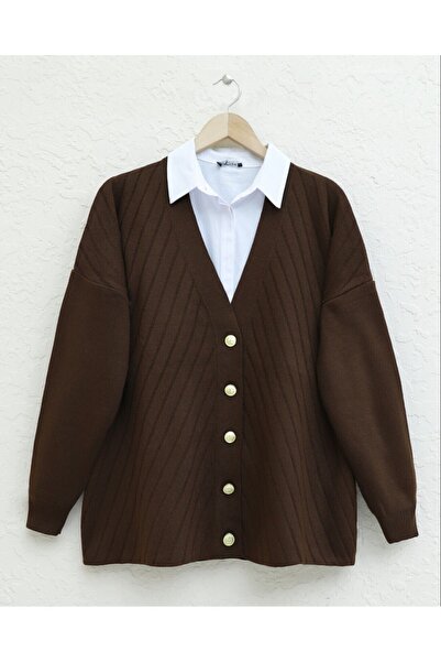 Modamorfo Cross Striped Brooch Buttoned Knitwear Cardigan - Brown