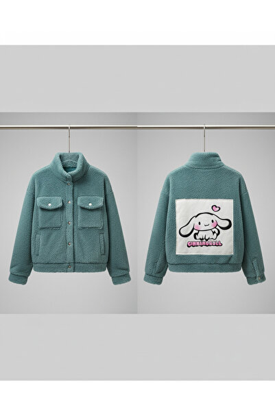 YusGos Buttoned Mock Neck Plush Fleece Printed Girls' Coat Green 5-6 Years Old