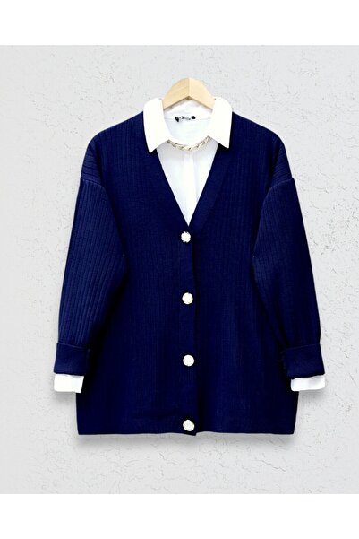 Modamorfo Buttoned Ribbed Knitwear Cardigan -Navy