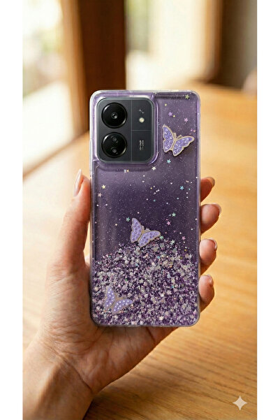 Rivor Xiaomi Redmi 13C & Poco C65 Kılıf Kamera Çıkıntılı Simli Kelebek Kabartma Desenli İnce Premium Kapak