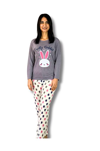 YusGos Women's Rabbit Patterned Pajama Set (Grey-White) Gray L