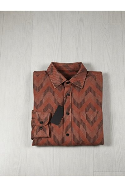 YusGos Long Sleeve Patterned Cotton Easy Iron Regular Fit Men's Stretch Fabric Winter Shirt Tile 3XL