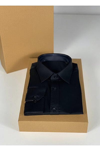 YusGos Long Sleeve Cotton Satin Easy Iron Regular Fit High Quality Premium Men's Shirt Black 3XL