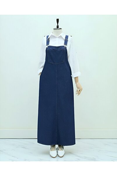 Modamorfo Pocket Detailed Strap Jeans Salopet - Dark Blue