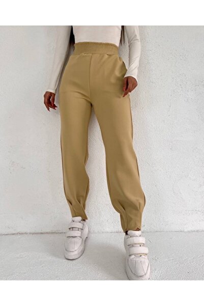 Modamorfo Potápěčská tkanina – kalhoty s kapsami a prošívaným elastickým pasem, světlá norka