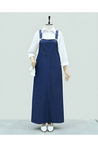 Modamorfo Pocket Detailed Strap Jeans Salopet - Dark Blue