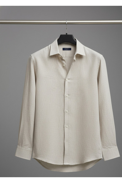 YusGos Men's Regular Fit Regular Collar Winter Raw Linen Shirt Cream 2XL