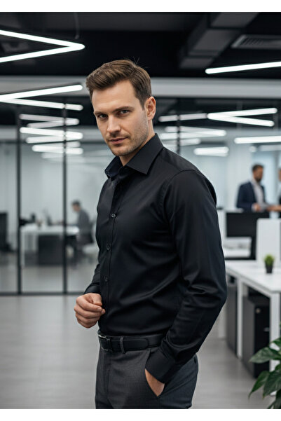 YusGos Long Sleeve Cotton Satin Easy Iron Regular Fit High Quality Premium Men's Shirt Black 3XL