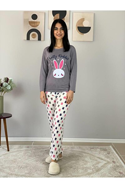 YusGos Women's Rabbit Patterned Pajama Set (Grey-White) Gray L