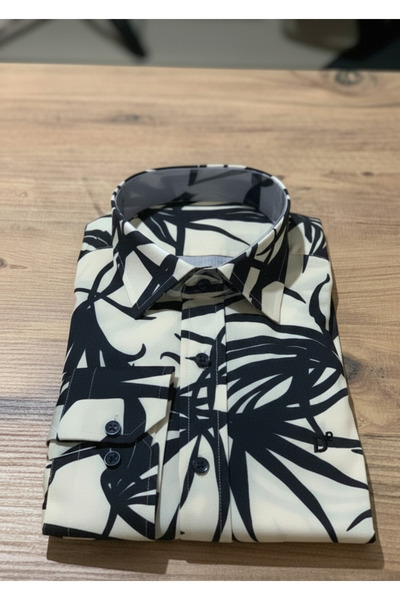 YusGos Long Sleeve Cotton Fabric Patterned Easy Iron Regular Fit Premium Men's Shirt Cream m