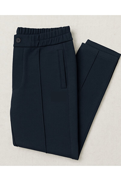 YusGos Cotton Fabric Embossed Striped (piped) Buttoned Basic Comfortable Cut Trousers Navy Blue 2XL