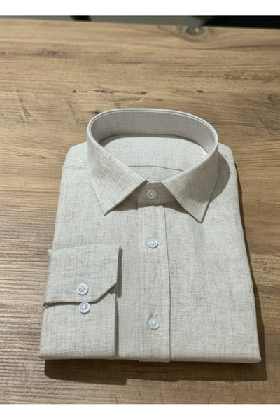 YusGos Men's Regular Fit Regular Collar Winter Raw Linen Shirt Cream 2XL