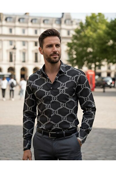 YusGos Long Sleeve Cotton Stretch Fabric Corded Fabric Chain Pattern Regular Fit Premium Winter Men's Shirt Black XL