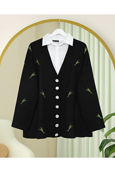 Modamorfo Stone Buttoned Branch Patterned Knitwear Cardigan -Black