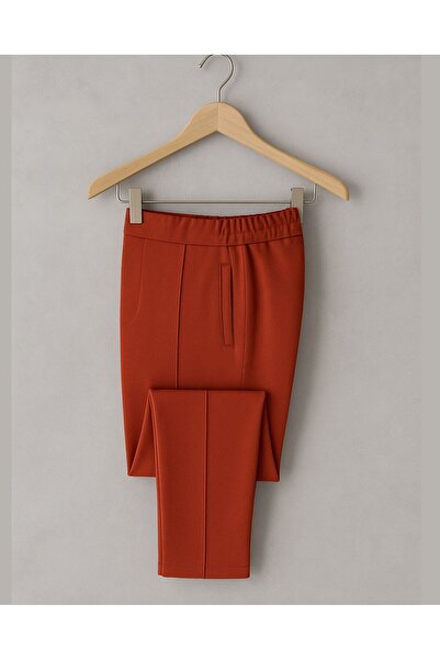 YusGos Cotton Fabric Embossed Striped (piped) Buttoned Basic Comfortable Cut Trousers Orange XL