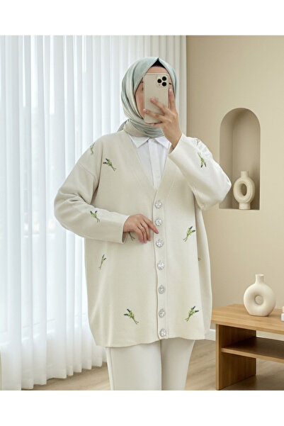 Modamorfo Stone Buttoned Branch Patterned Knitwear Cardigan - Cream