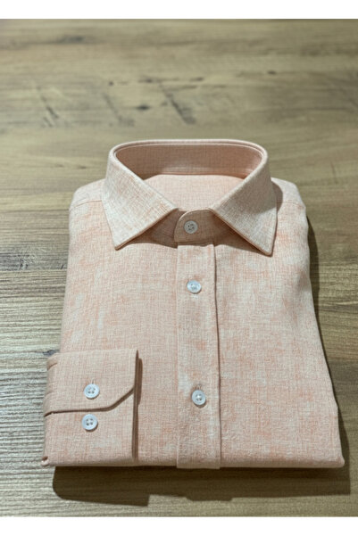 YusGos Men's Regular Fit Regular Collar Winter Raw Linen Shirt Orange XL