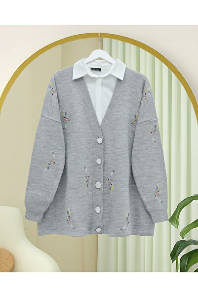 Modamorfo Floral Embroidered Shiny Buttoned Knit Cardigan - Gray