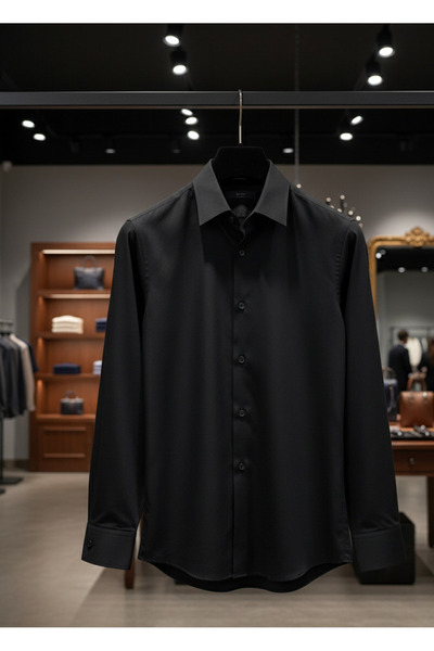 YusGos Long Sleeve Cotton Satin Easy Iron Regular Fit High Quality Premium Men's Shirt Black 3XL