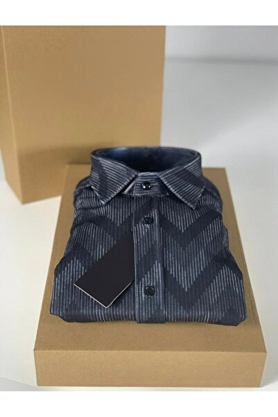 YusGos Long Sleeve Patterned Cotton Easy Iron Regular Fit Men's Stretch Fabric Winter Shirt Black 3XL