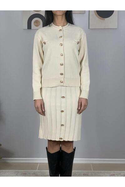 YusGos Women's Ecru Gold Buttoned Knitwear Pleated Cardigan Skirt Set Ecru m