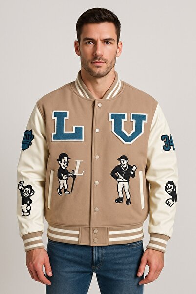 YusGos Unisex Women/Men Special Design High Quality College Coat Jacket with Embroidery on Back and Front Beige L