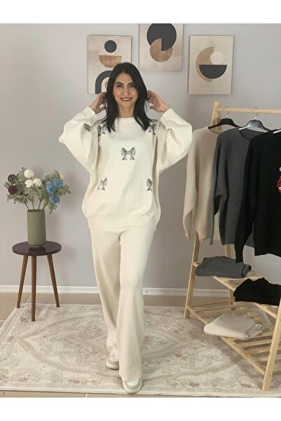 YusGos Women's Long Sleeve Bow Embroidered Crew Neck Knitwear Sweater Pants Set White Standard