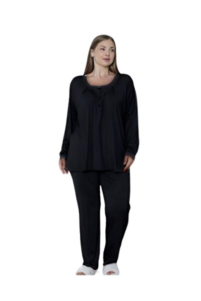 LİMİSSİ Viscose Plus Size Black Pajama Set 100% Cotton Black 2XL