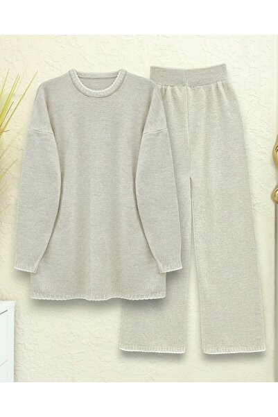 Modamorfo Round Neck Embroidery Detailed Knitwear Set - Stone