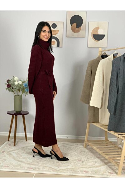 YusGos Long Sleeve Turtleneck Belt Detailed Knitwear Relaxed Fit Midi Dress Burgundy Standard