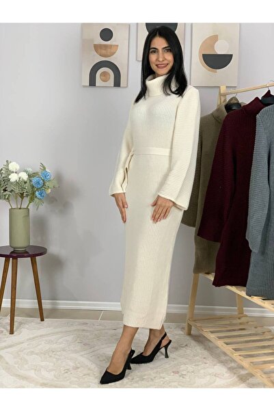 YusGos Long Sleeve Turtleneck Belt Detailed Knitwear Relaxed Fit Midi Dress Cream Standard