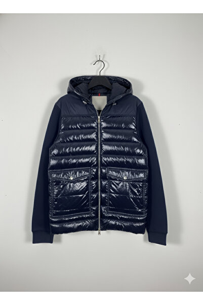 YusGos Women's Hooded Padded Water Repellent Puffer Shiny Steel Mesh High Quality Coat Jacket Navy Blue XL