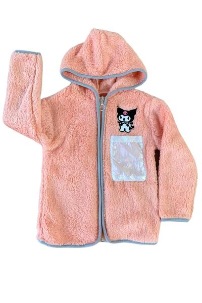 YusGos Zippered Hooded Plush Fleece Printed Girls' Coat