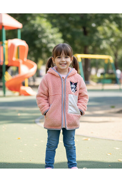 YusGos Zippered Hooded Plush Fleece Printed Girls' Coat Orange 3-4 Years Old