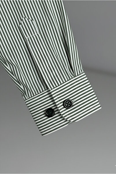 YusGos Men's Long Sleeve 100% Cotton Striped High Quality Regular Fit Shirt Khaki 3XL