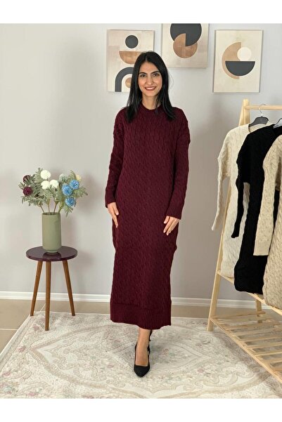 YusGos Crew Neck Hair Braided Knitwear Midi Dress