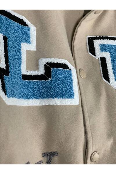 YusGos Unisex Women/Men Special Design High Quality College Coat Jacket with Embroidery on Back and Front Beige L