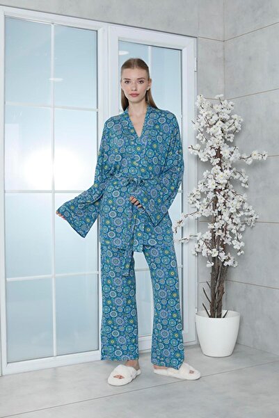 LİMİSSİ Viskon Desenli Mavi 3'lü Pijama Takımı %100 Pamuk MAVİ