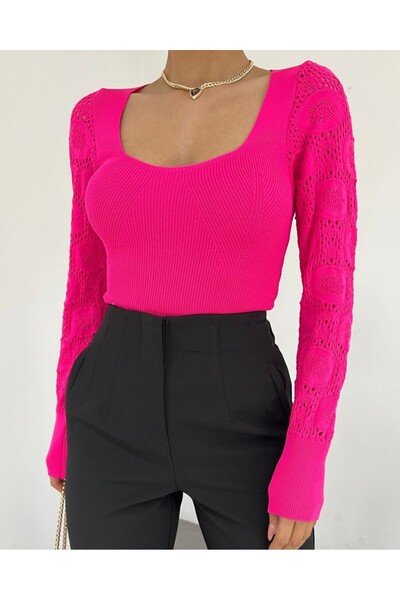 Modamorfo Δαντέλα πλεκτά μανίκια Πλεκτά μπλούζα με τετράγωνο λαιμό