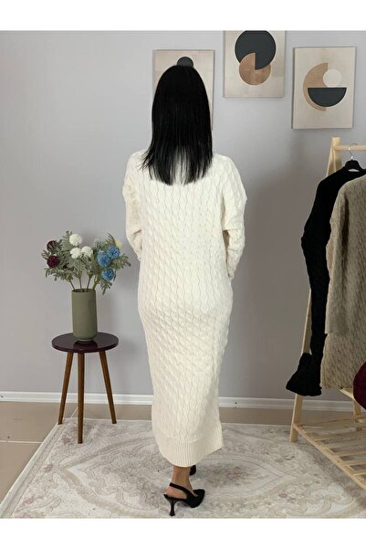 YusGos Crew Neck Hair Braided Knitwear Midi Dress Cream Standard