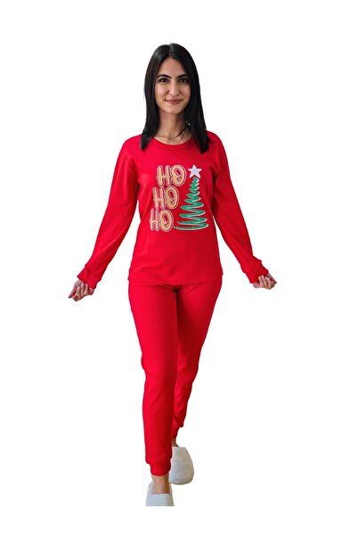 YusGos Printed Cotton Women's New Year Family Pajamas Set (Ho Ho Ho) Red L