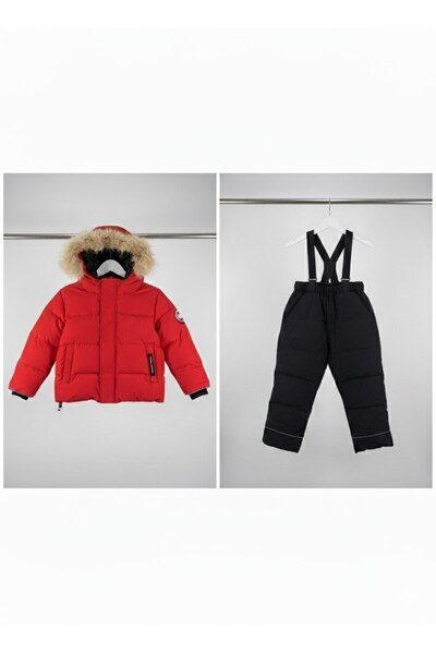YusGos Hooded Baby Kids Snow Winter Astronaut Coat and Suspender Salopet Padding Pants Coat (1-5 Years) Red