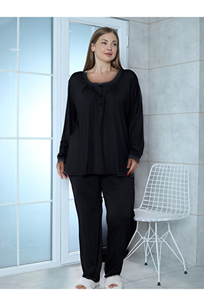 LİMİSSİ Viscose Plus Size Black Pajama Set 100% Cotton Black 2XL