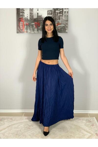 YusGos Women's Pleated Wrinkled Fabric Maxi Skirt Navy Blue Standard