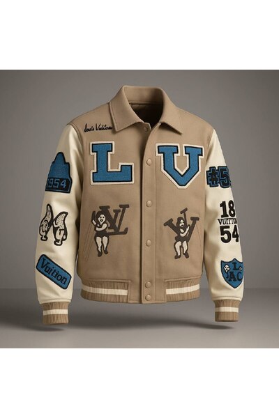 YusGos Unisex Women/Men Special Design High Quality College Coat Jacket with Embroidery on Back and Front Beige L