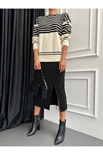 Modamorfo Σετ πλεκτό με ριγέ φούστα Crew Neck - μαύρο